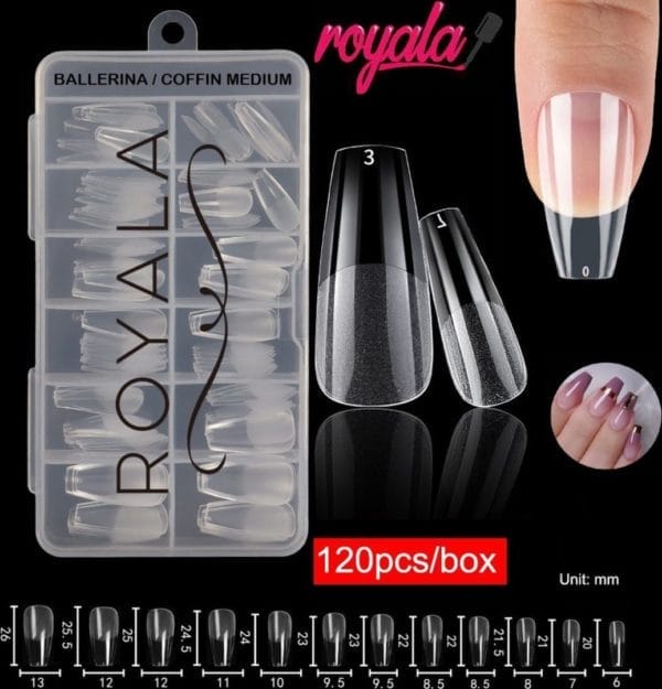 Royala 102. - ballerina coffin medium half frosted - full cover - nageltips - nepnagels - plaknagels - in assortimentsbox - 120 stuks 12 maten - voor gellak acrylnagellak en polygel nagels - royala frosted tips line