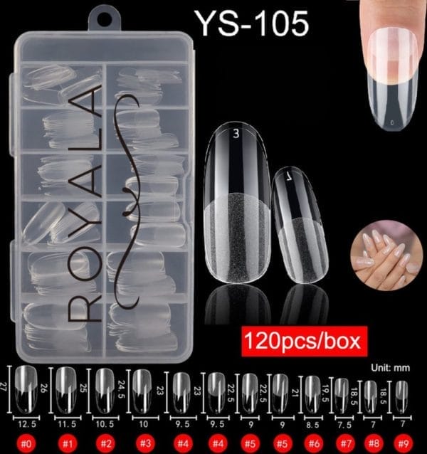 Royala 105 - oval long half frosted - full cover - nageltips - nepnagels - plaknagels - in assortimentsbox - 120 stuks 12 maten - voor gellak acrylnagellak en polygel nagels - royala frosted tips line