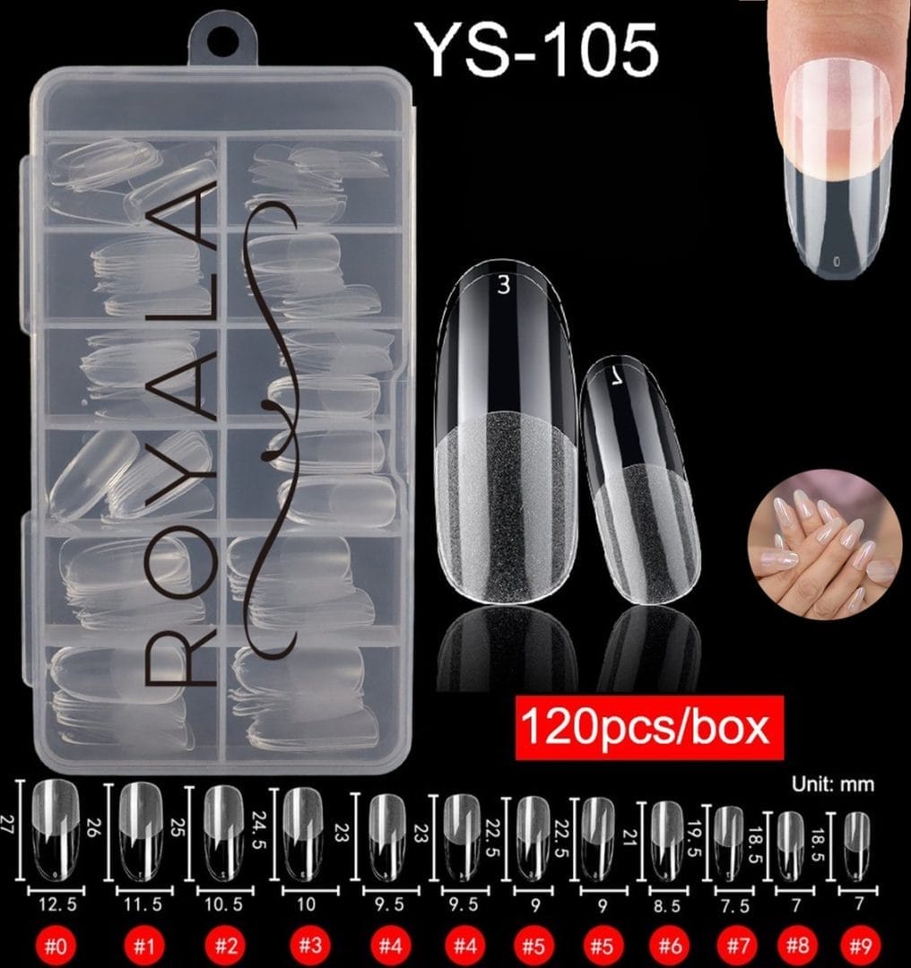 Royala 105 - oval long half frosted - full cover - nageltips - nepnagels - plaknagels - in assortimentsbox - 120 stuks 12 maten - voor gellak acrylnagellak en polygel nagels - royala frosted tips line Royala 105 - oval long half frosted - full cover - nageltips - nepnagels - plaknagels - in assortimentsbox - 120 stuks 12 maten - voor gellak acrylnagellak en polygel nagels - royala frosted tips line