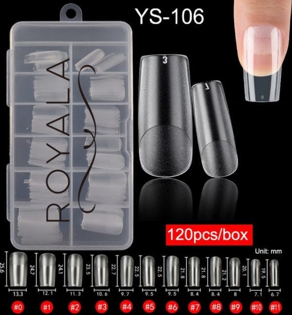 Royala 106 - square / t shaped binnen en buiten full frosted - full cover - nageltips - nepnagels - plaknagels - in assortimentsbox - 120 stuks 12 maten - voor gellak acrylnagellak en polygel nagels - royala frosted tips line