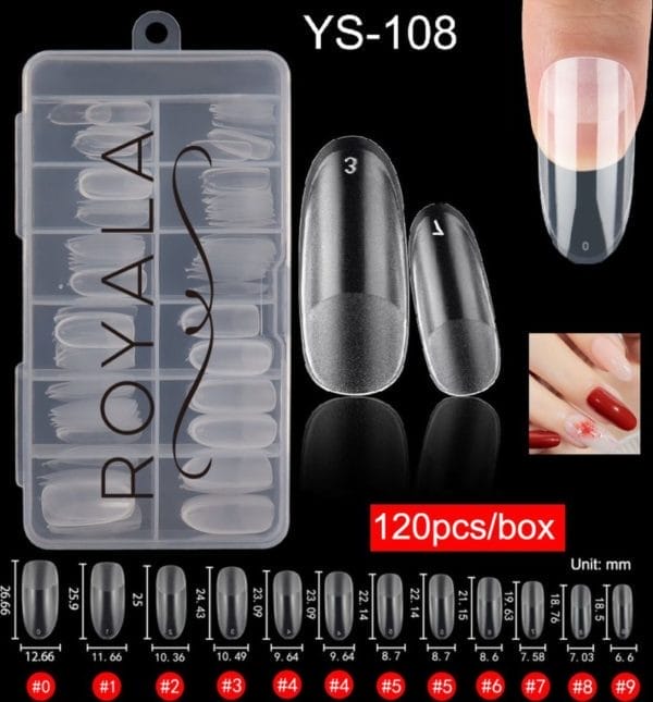 Royala 108 - oval binnen en buiten full frosted - full cover - nageltips - nepnagels - plaknagels - in assortimentsbox - 120 stuks 12 maten - voor gellak acrylnagellak en polygel nagels - royala frosted tips line