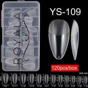 Royala 109 - Oval Almond Long Binnen en Buiten Full Frosted - Full Cover - Nageltips - Nepnagels - Plaknagels - In Assortimentsbox - 120 stuks 12 maten - Voor Gellak Acrylnagellak en PolyGel nagels - Royala Frosted Tips Line