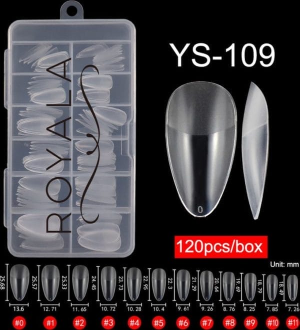 Royala 109 - oval almond long binnen en buiten full frosted - full cover - nageltips - nepnagels - plaknagels - in assortimentsbox - 120 stuks 12 maten - voor gellak acrylnagellak en polygel nagels - royala frosted tips line