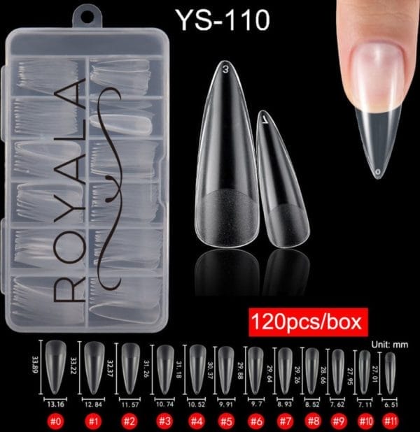 Royala 110 - stiletto cq waterdrop binnen en buiten full frosted - full cover - nageltips - nepnagels - plaknagels - in assortimentsbox - 120 stuks 12 maten - voor gellak acrylnagellak en polygel nagels - royala frosted tips line