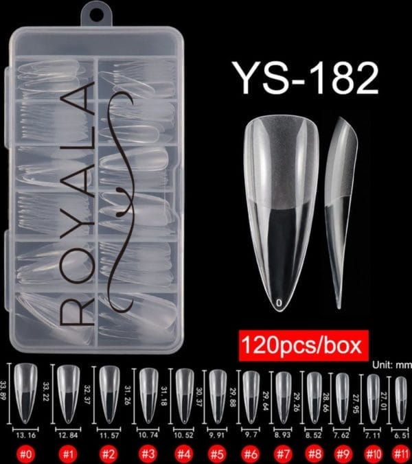 Royala 182 - stiletto cq waterdrop half frosted - full cover - nageltips - nepnagels - plaknagels - in assortimentsbox - 120 stuks 12 maten - voor gellak acrylnagellak en polygel nagels - royala frosted tips line