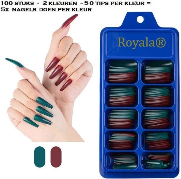 Royala 2 Kleuren Nageltips (cd41) Ballerina - Gekleurde Nepnagels - in bewaar-assortiments doos 100 stuks 10 maten - Nep nagels - Nageltips