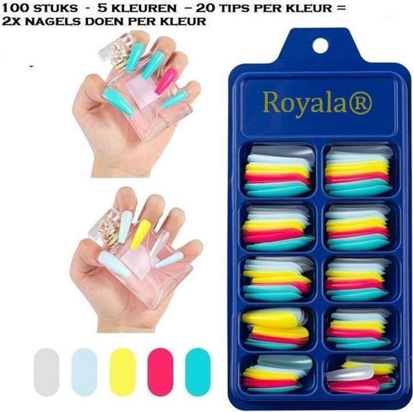 Royala 5 Kleuren Nageltips (cd42) Ballerina - Gekleurde nepnagels - in bewaar-assortiments doos 100 stuks 10 maten