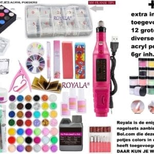 Royala Acryl Nagels Starterspakket Incl. Nagelfreesmachine | +12 grote potjes Colored Acryl Poeder | Acryl Nagels Starter Kit Set | Nail Art Pakket | 500 French half cover Tips - Nail Art - Acryl Poeder - Complete Nepnagel Set