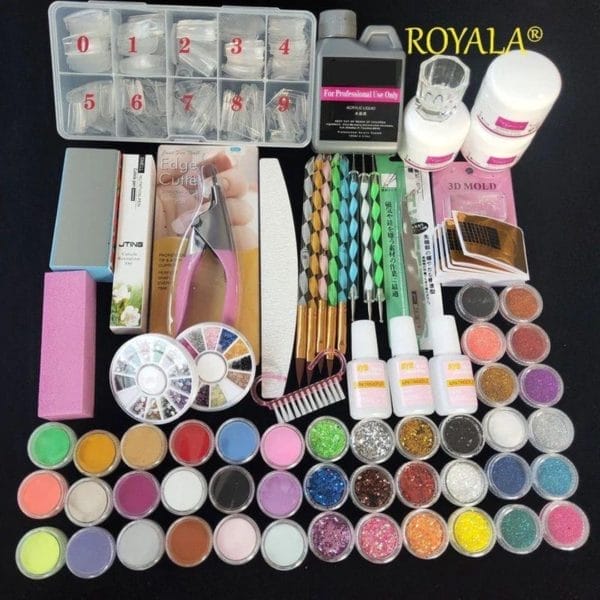 Royala acrylnagels set | nepnagels | acryl nagels kit starterspakket | basispakket | nail art pakket | 42 kleuren acryl poeders/glitters | 500 franse tips | acrylic liquid | nagel sjablonen | nagel lijm