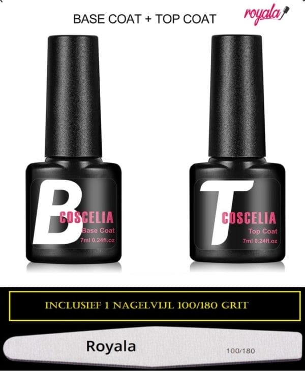 Royala base & top coat 14 ml incl. Gratis nagelvijl - gellak - no wipe topcoat - goede aanhechting - blijvend glanzende nagels - gellak base en topcoat - geen plaklaag - top coat base coat