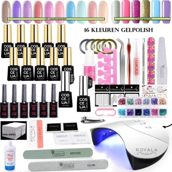 Royala gellak d4+ starterspakket + inclusief uv lamp + met 16 verschillende gellak kleuren - cleanser- nail wipes - gellak lamp - gellac set - uitgebreid 70-delig pakket