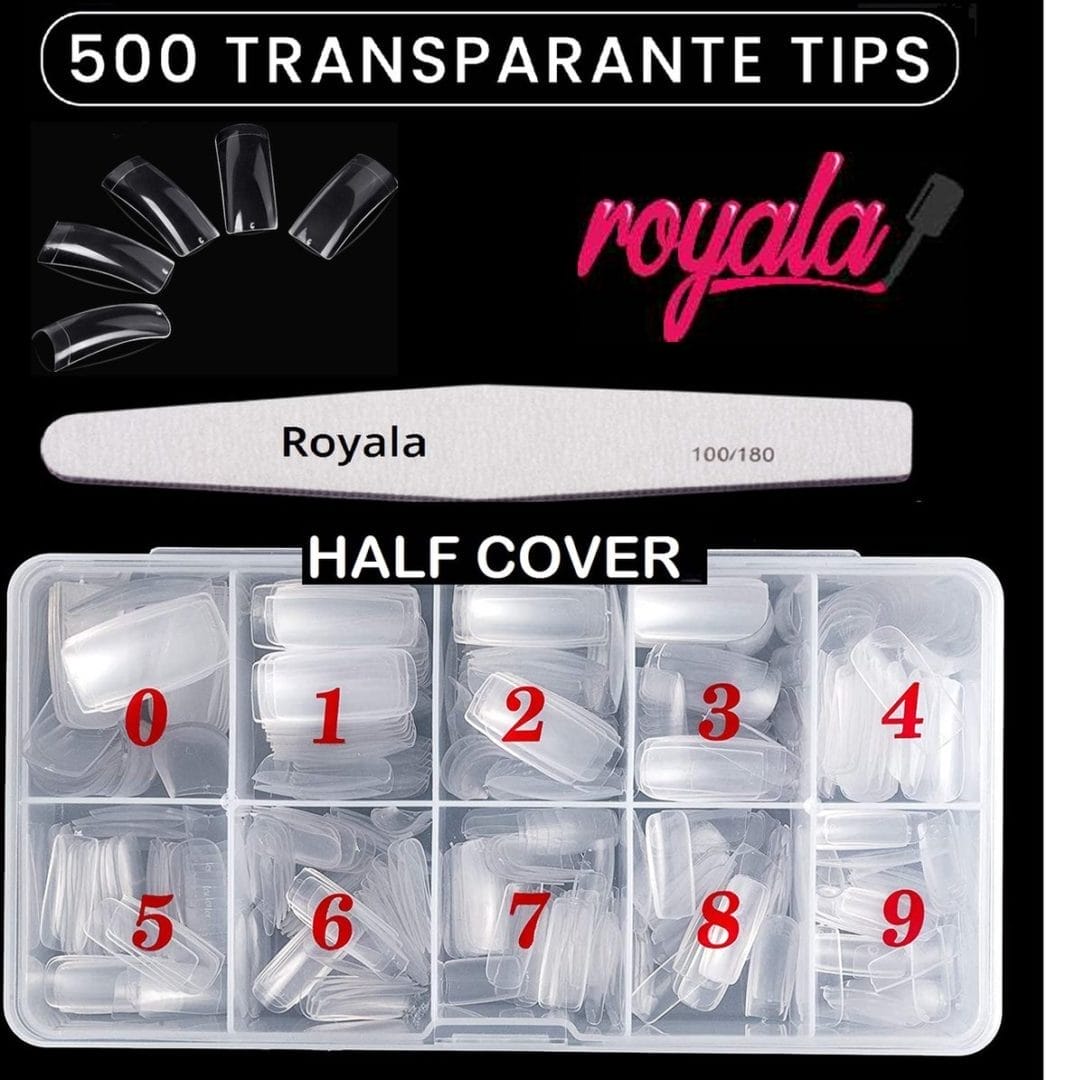 Royala half cover tips + nagelvijl - transparante nageltips 500 stuks - kunstnagel set - nepnagel tips - transparant - plaknagels - nepnagels- acryl en gel in tipbox Royala half cover tips + nagelvijl - transparante nageltips 500 stuks - kunstnagel set - nepnagel tips - transparant - plaknagels - nepnagels- acryl en gel in tipbox