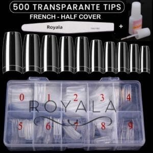 Royala NagelTips - French Half Cover + Nagelvijl + Nagellijm - 500 Stuks 10 maten - Transparant - Acryl en Gel in tipbox