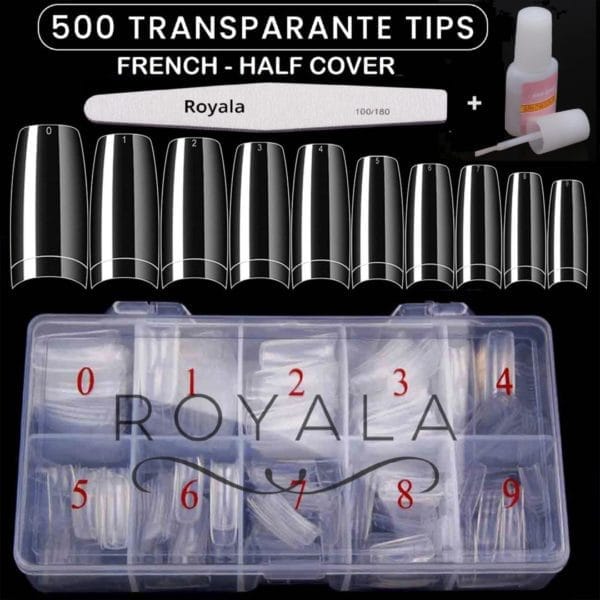 Royala nageltips - french half cover + nagelvijl + nagellijm - 500 stuks 10 maten - transparant - acryl en gel in tipbox