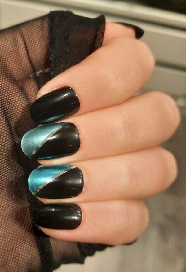 Sd press on nails - b-series - plaknagels - gelnagels - handgemaakt - 20 stuks - b47 - zwart - blauw - metallic - nepnagels - korter rond - nagelstudio - gellak -nail art - nails at home - accessoires - nageltips - nagelstudio