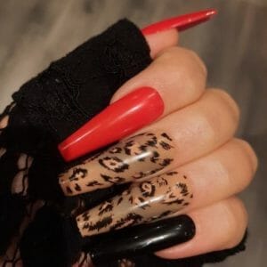 SD Press on Nails - B-Series - Plaknagels - Gelnagels - Handgemaakt - 20 stuks - B86 - Rood Zwart Leopard - Nepnagels - XL Nails - Valse Nagels - Extra Lange Nagels - Cosplay - Extreme Long Nails - XL Coffin/Tapered nails - Nail Art