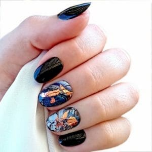 SD Press on Nails - B122 - Plaknagels met nagellijm - XS Almond Kunstnagels - Zwart Marble Flake - Set 20 Nagels