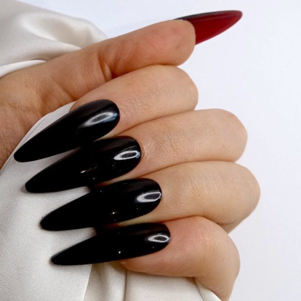 Sd press on nails - no. 38 moulin black - plaknagels met nagellijm - xl stiletto - zwart met rode onderkant - set 20 handgemaajte nagels - cosplay assessoires - extreme nail art