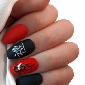 SD Press on Nails - Plaknagels - Gelnagels - Handgemaakt - 20 stuks - No 94 Dragon Heart - Rood - Zwart - Gellak - Nagellak - Medium Coffin Ballerina Nageltips met Lijm - Kunstnagels - Nail Art - Handmade - Valse nagels - Accessoires - Cosplay