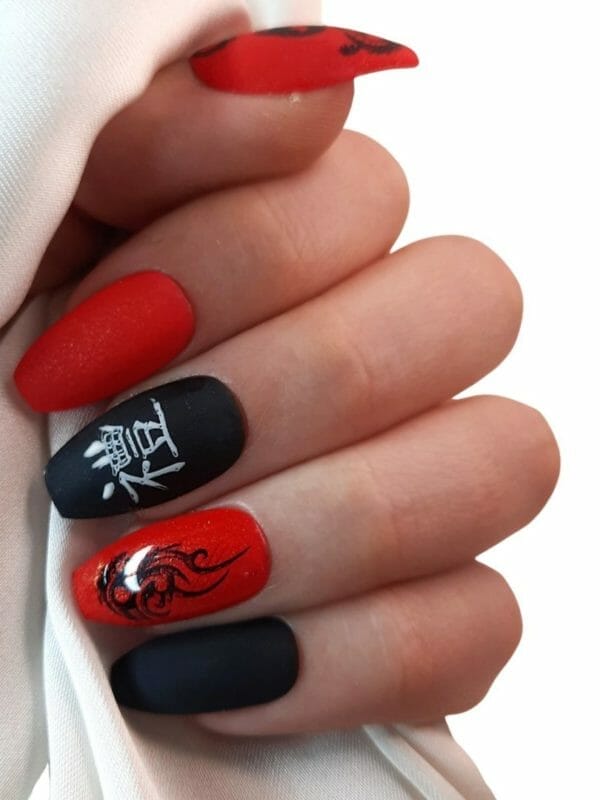 Sd press on nails - plaknagels - gelnagels - handgemaakt - 20 stuks - no 94 dragon heart - rood - zwart - gellak - nagellak - medium coffin ballerina nageltips met lijm - kunstnagels - nail art - handmade - valse nagels - accessoires - cosplay