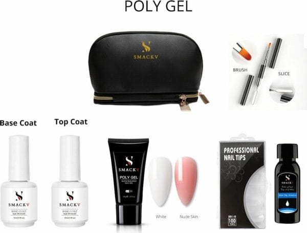Smackv® poly gel kit - gellak starter pakket incl. 2 kleuren poly gel acryl nagels nude & wit- cosmetische tas - nageltip - slip solution - base & top coat 15ml - dual nagel kwast