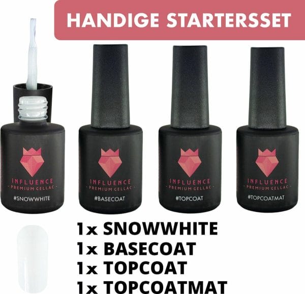 #snowwhiteserie - influence gellac - uv / led gellak - gel nagellak - gel lak - kerstcadeau - kerstkado vrouw - basecoat - topcoat - topcoatmat - no wipe - wit / transparant - startersset - 4 x 10 ml