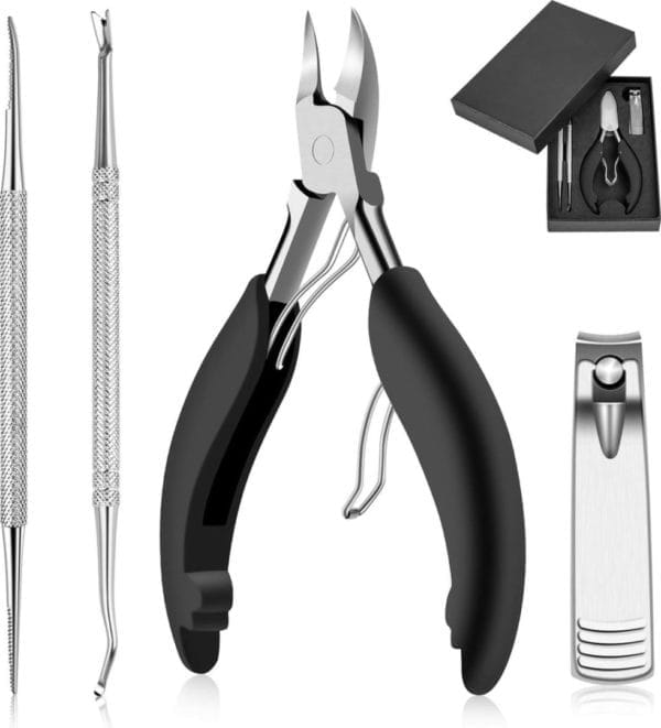 Set voetnageltangen, nagelschaar, nageltang, 4 stuks roestvrij stalen voetnagelknipper met dubbelzijdige nagelvijl en nagelschaarset, reparatie voor dikke en ingegroeide teennagels (zwart)