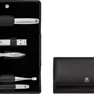 Twinox Manicure 5-Delige Set met Lederen Zaak en Fluwelen Interieur, Zwart