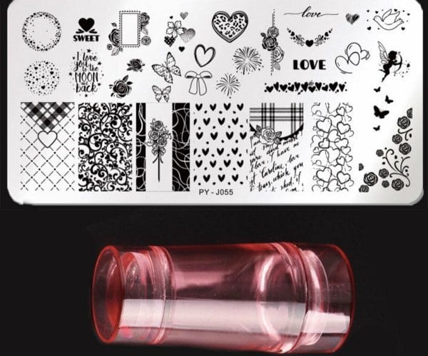 Valentijn nail stamping plate met roze nagelstempel - 32 romantische hartjes valentijn sjablonen nagel stempel plaat - nagel stempelplaat met kerst sneeuwvlokken motieven - nagels stempelen met hartjes prints