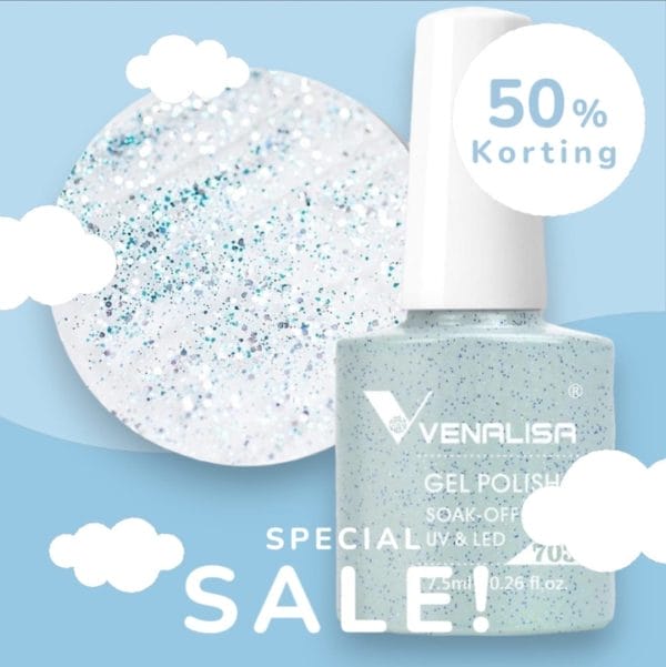 Venalisa - 703 - blue sparkle - luxe glitter gellak - gel nagellak - blauw met glitters - baby blue gellak -!! Limited edition!!