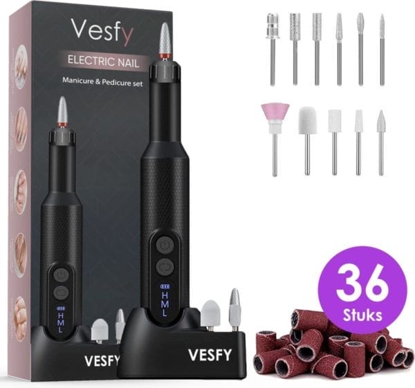 Vesfy nagelfrees met 12 nagelvijl bitjes - incl. 36 schuurrolletjes - pedicureset electrisch - nagelvijl electrisch - nagellak - valentijn