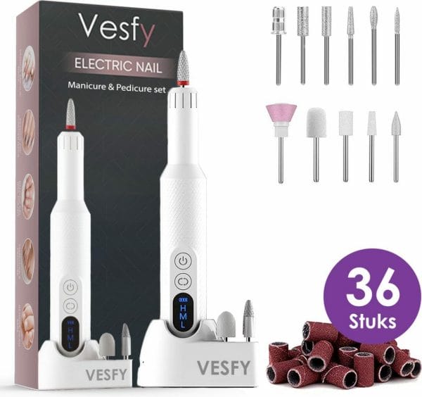 Vesfy nagelfrees met 12 nagelvijl bitjes - incl. 36 schuurrolletjes - pedicureset electrisch - nagelvijl electrisch - nagellak