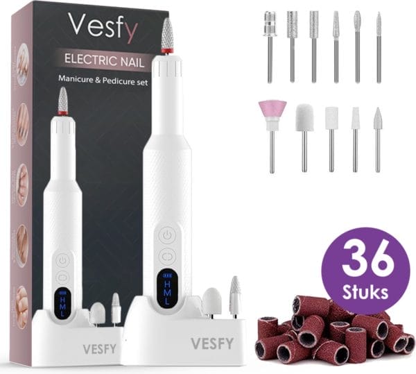 Vesfy nagelfrees met 12 nagelvijl bitjes - incl. 36 schuurrolletjes - pedicureset professioneel - nagelvijl electrisch -nagelknipper