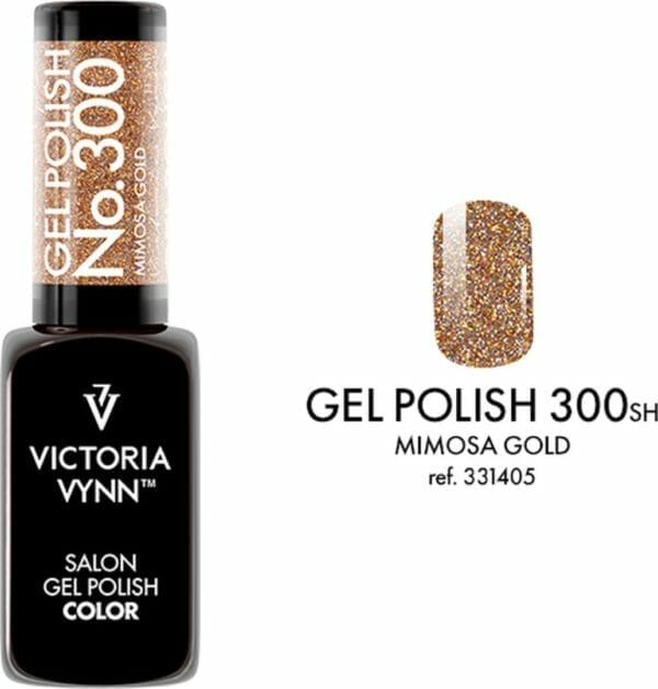 Victoria vynn - salon gelpolish 300 mimosa gold (flash goud) - reflecterende gel polish - gellak - reflect - reflectie - glitter - nagels - nagelverzorging - nagelstyliste - uv / led - nagelstylist - callance