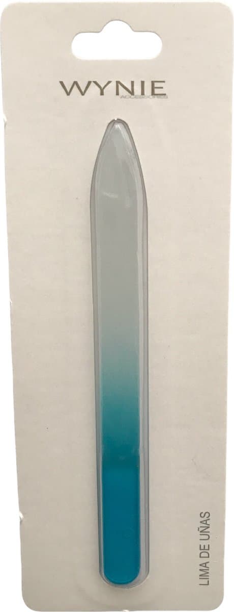 Wynie Accessories - Glasvijl / Glas nagelvijl - Transparant met blauw handvat - 14 cm. lang - 1 cm. breed - 2 mm. dik - 1 nagelvijl in blisterverpakking