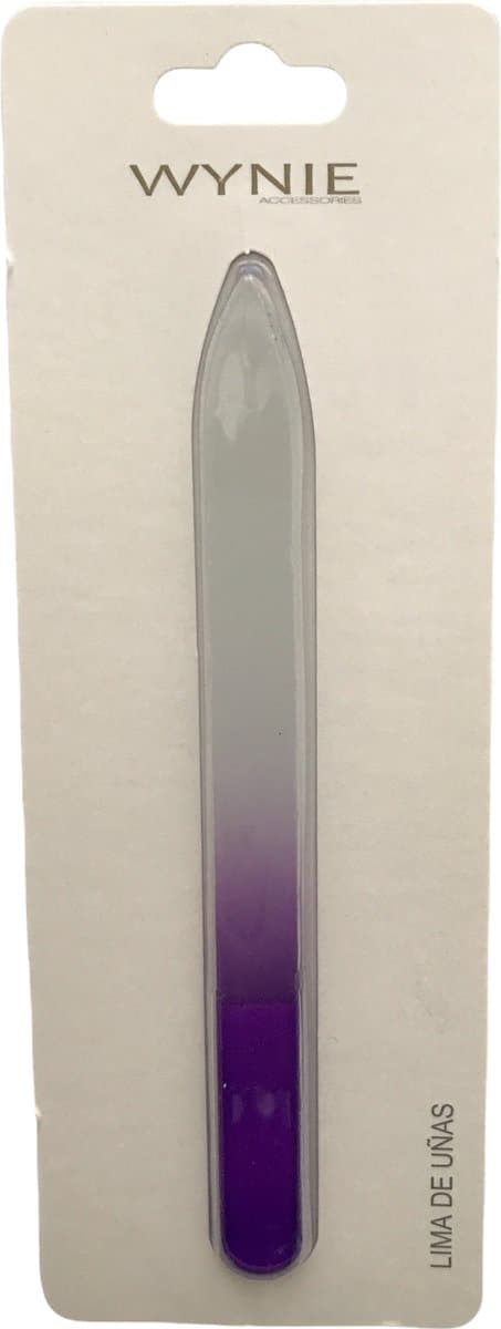 Wynie Accessories - Glasvijl / Glas nagelvijl - Transparant met paars handvat - 14 cm. lang - 1 cm. breed - 2 mm. dik - 1 nagelvijl in blisterverpakking