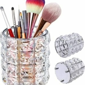 XCOZU Make-up opbergkwastenhouder, kristallen ronde make-up cosmetica organizer penseelhouder penseel opslag make-up organizer houder pennenhouder voor make-up en cosmetica zilver