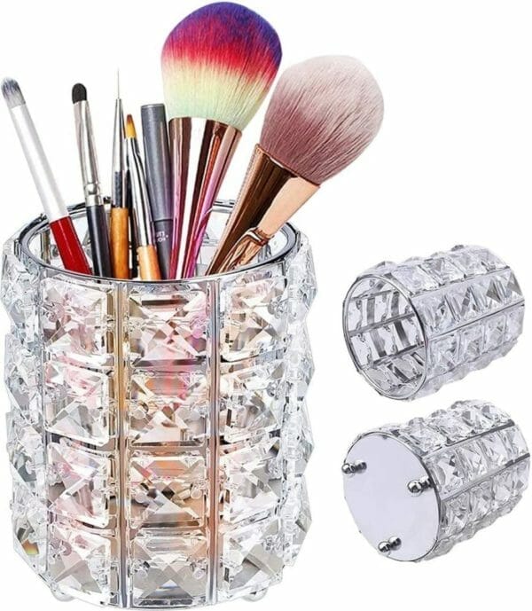 Xcozu make-up opbergkwastenhouder, kristallen ronde make-up cosmetica organizer penseelhouder penseel opslag make-up organizer houder pennenhouder voor make-up en cosmetica zilver