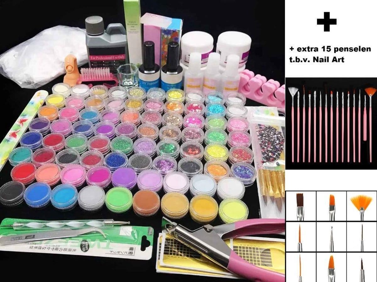 Xxl acrylnagels pro pakket | 132 delig | 76 potjes kleuren / glitters | nageltips Xxl acrylnagels pro pakket | 132 delig | 76 potjes kleuren / glitters | nageltips