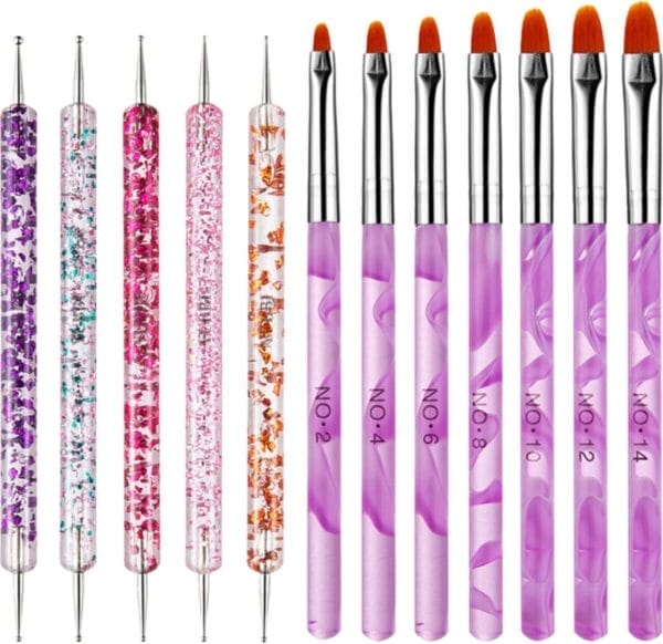 Yubbi 12 delige nail art penselen set - nagellak acryl penselen - fineliner penseel - dotting tools - siliconen nail art penselen