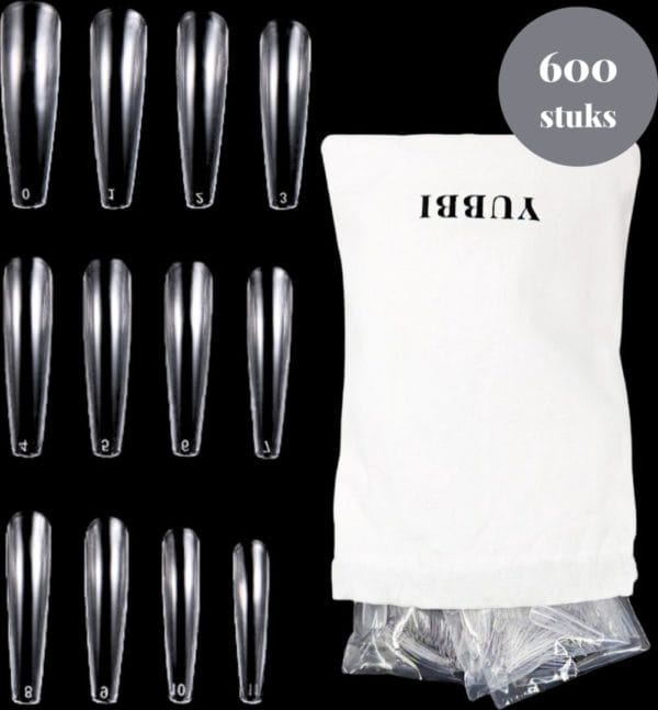 Yubbi transparante nagel tips - 600 stuks - coffin shape - nagel verlenging - nageltips voor gel en acrylnagels - kunstnagels - nepnagels - 12 maten