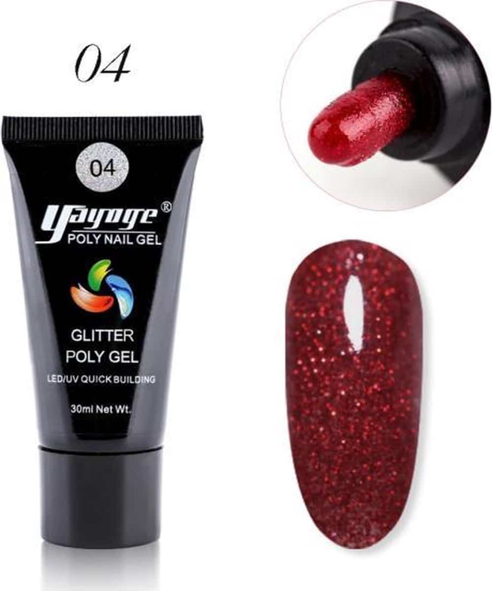 Yayoge - Polygel kleur rood met rode glitter - gelnagels kleur - polygel starterpakket - gelnagels starterspakket - gel nagellak - kunstnagels - nail art
