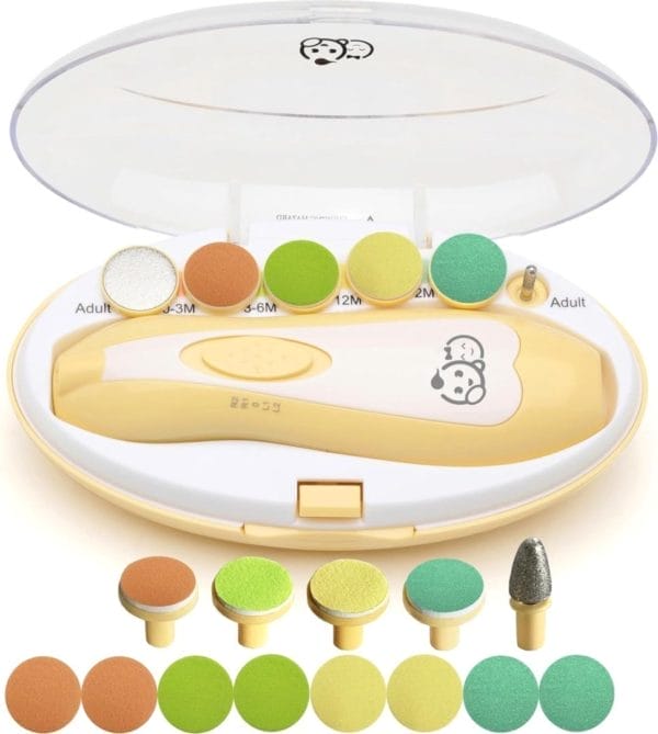 Aby elektrische nagelvijl 20 in 1, nagelverzorging, nail clippers,veilige elektrische baby nail trimmer, baby nail file kit, extra vervanging hoofden, pasgeboren peuter tenen en vingernagels, trim en polish (geel)